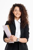 Young tender curly girl holding documents over white background